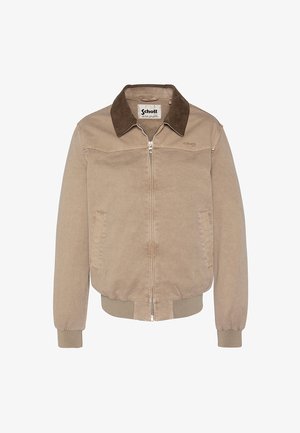 Beige Reißverschlussjacke mit dunkelbraunem Kragen, gerippten Bündchen und Saum, zwei Fronttaschen und gesticktem Schott-Logo auf der Brust.