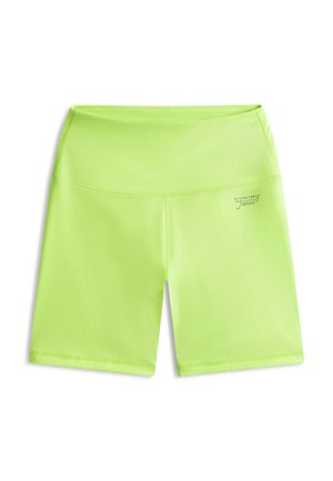 Heledat rohelised kõrge vöökohaga ratturi lühikesed püksid, millel on lamedad õmblused ja väike "Tommy Jeans" logo vasakul reiel.