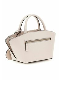 Sac fourre-tout beige clair avec une forme structurée, une finition texturée, des bordures noires et une poche zippée à l'avant. Dispose de deux poignées supérieures pour le transport.