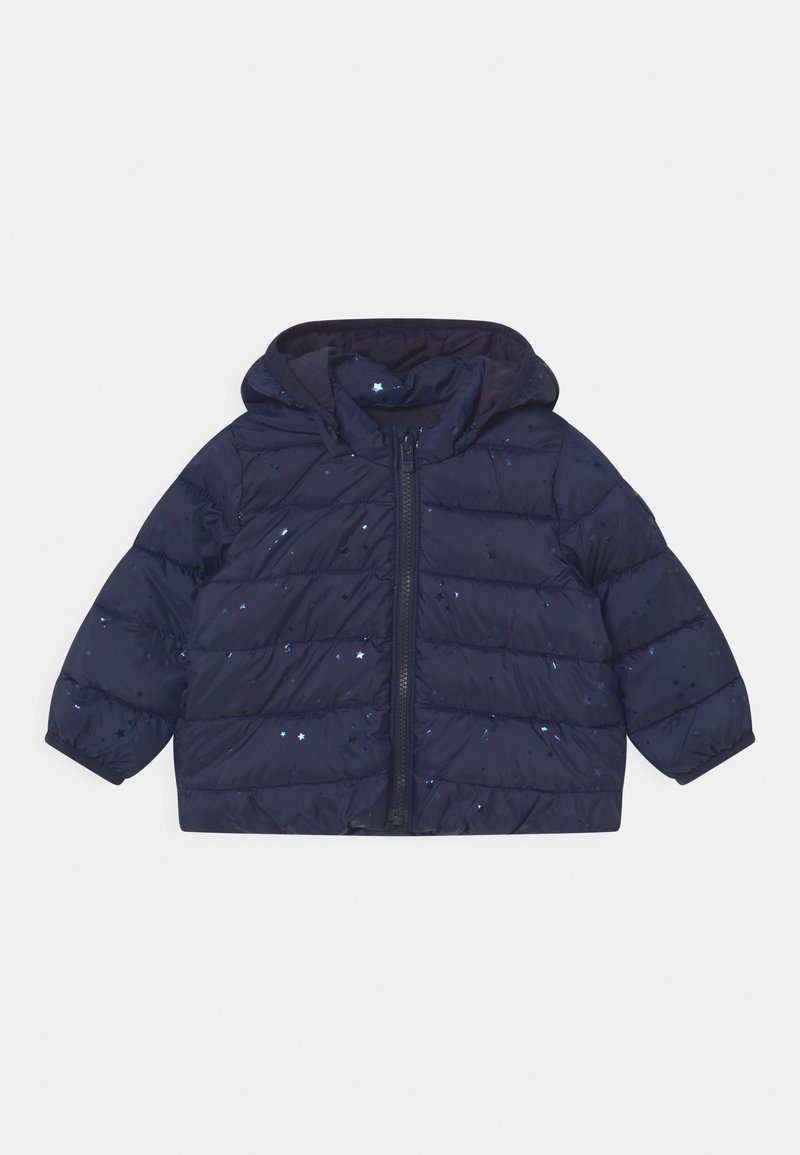 Veste matelassée pour tout-petit bleu marine avec capuche, fermeture zippée à l'avant et petits motifs d'étoiles éparpillés sur le tissu.