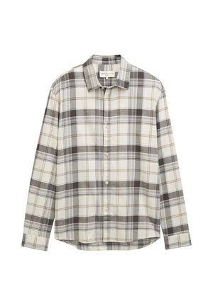 Langarm-Karottenhemd in Beige- und Grautönen, mit einem Button-Down-Kragen und geradem Saum. Aus strukturiertem Stoff gefertigt.