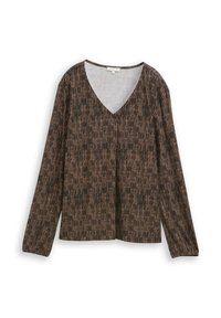 Long-sleeve top with a V-neck, featuring a brown and black striped pattern. Made from a textured fabric with a relaxed fit.