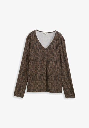 Langärmliges Oberteil mit V-Ausschnitt, das ein braun-schwarz gestreiftes Muster aufweist. Hergestellt aus einem strukturierten Stoff mit einer lockeren Passform.