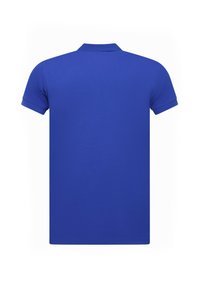 Blauwe polo met korte mouwen en een kraag. Gemaakt van gladde stof, heeft een effen kleurontwerp en heeft een rechte achterkant zonder versieringen.