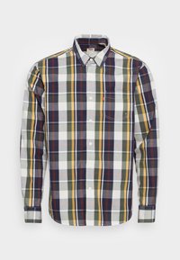 Camicia button-up con un motivo a quadri multicolore in blu navy, verde, giallo e bianco, dotata di una singola tasca sul petto e maniche lunghe.