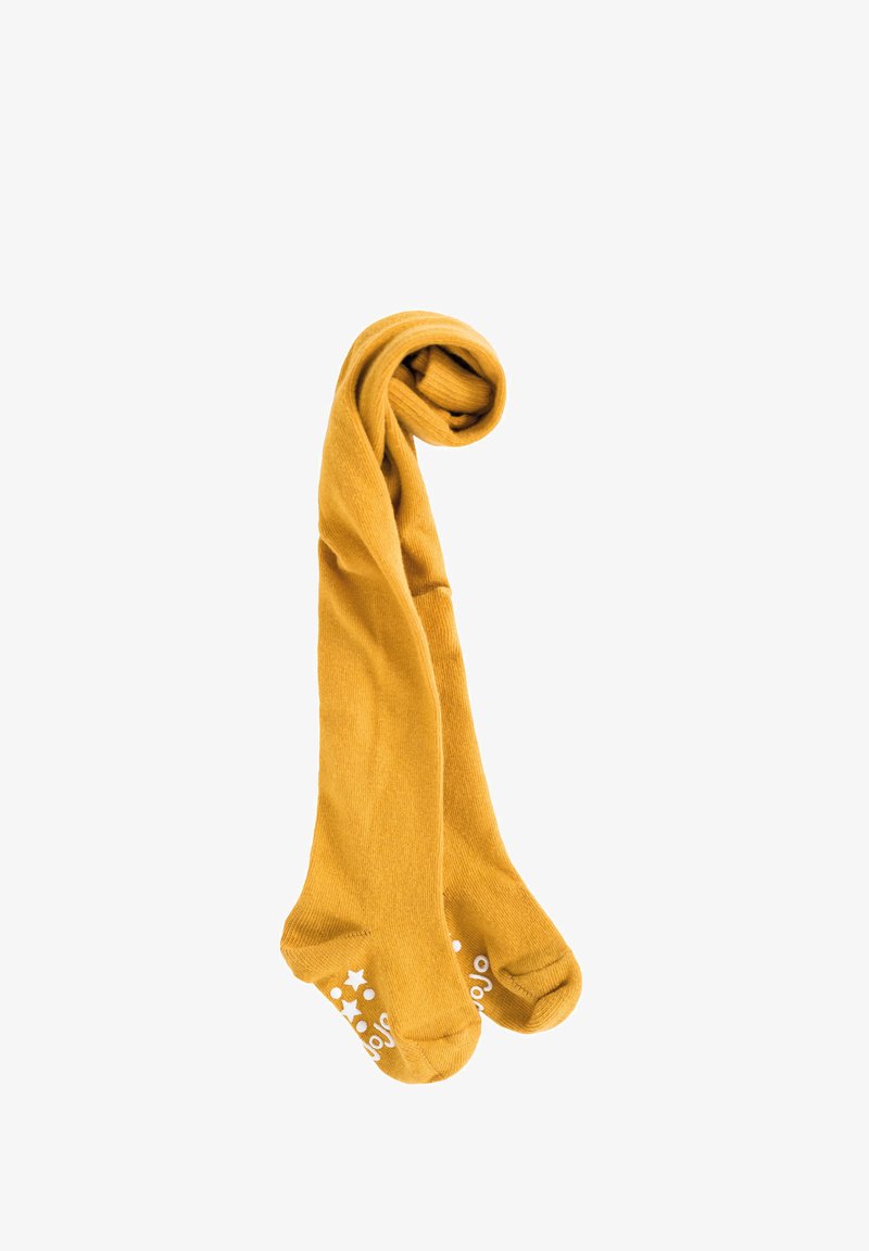 Sennepsgule strømpebukser med ribbet struktur, foldet, med hvide stjerne mønstre på sålen for ekstra greb.