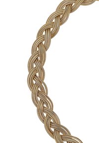 Geflochtene Goldkette mit kunstvoll gewobenen Gliedern auf einem weißen Hintergrund.