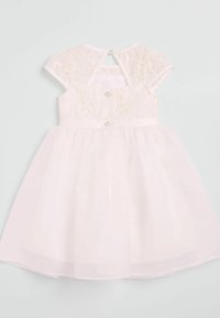 Weißes Kleid mit kurzen Kappärmeln, Spitzenüberzug und kreisförmigen Mustern am Oberteil, Knopfverschluss am Rücken, mehrlagiger Tüllrock.