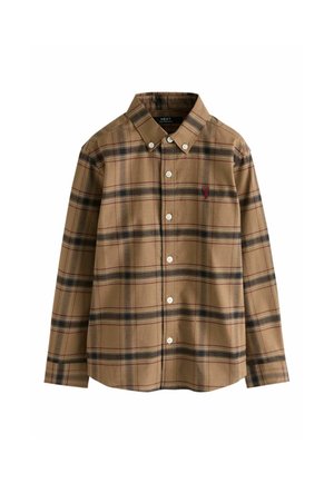 Long-sleeve button-up shirt with brown, black, and red plaid pattern and a small red embroidered logo on the chest.