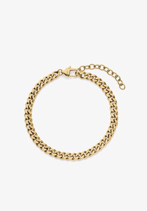 Goldene Gliederarmband mit massiven Gliedern und Karabinerverschluss, ausgestattet mit einer verstellbaren Verlängerungskette zur Größenanpassung.