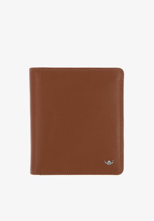 Portefeuille bifold en cuir marron avec des bords cousus et un petit logo de taureau argenté dans le coin inférieur droit sur fond blanc.