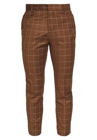 Brown checkered trousers with a slim fit, featuring a smooth fabric, white grid pattern, and tailored waistband.