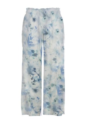 Pantalons légers à motif floral dans des teintes de bleu et de blanc, dotés d'une taille élastique et d'un design évasé pour le confort.