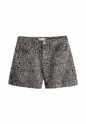 Short taille haute avec un motif léopard noir et beige, poches avant, passants pour ceinture et fermeture par bouton.