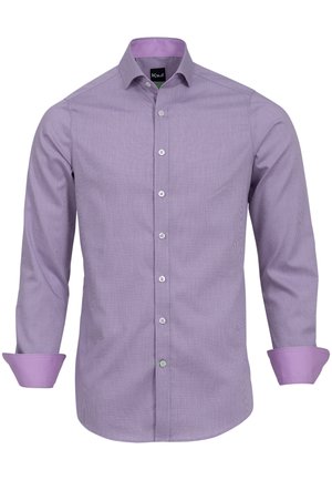 Camicia a quadri viola con maniche lunghe, polsini di lavanda a tinta unita, chiusura con bottoni e colletto a punta.