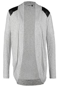 Cardigan gris clair à ouverture devant, manches longues et empiècements en simili cuir noir aux épaules.