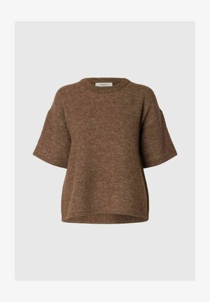 Brun kortærmet striktrøje med rund hals og afslappet pasform, lavet af blødt tekstureret stof.