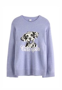 Lichtpaars gebreid sweatshirt met een Dalmatiër-graphic en de tekst "Schattige vlekken" in wit eronder. Ribbelmanchetten en -zoom.