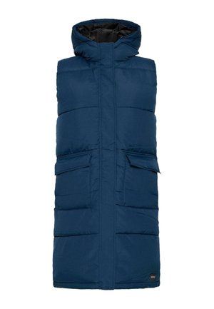 Navy padded vest with a hood, featuring two front pockets, quilted design, and a zip closure. Lightweight fabric with a smooth texture.