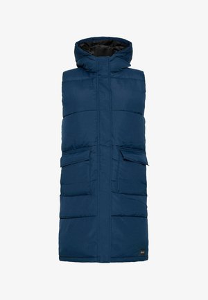Navy padded vest with a hood, featuring two front pockets, quilted design, and a zip closure. Lightweight fabric with a smooth texture.