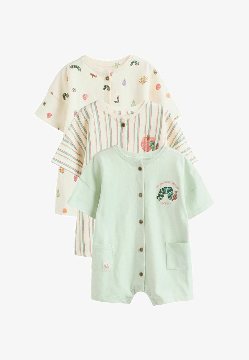 Trois grenouillères pour bébé avec des boutons : une vert clair avec broderie chenille, une rayée avec pomme et chenille, une crème avec motifs de fruits et chenille.