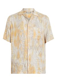 Camicia a maniche corte con bottoni in tessuto leggero. Presenta una fantasia a serpente gialla e grigia con una tasca sul petto.