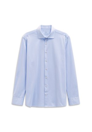 Light blue long-sleeve shirt made from soft fabric, featuring a classic collar, button front, and buttoned cuffs. Simple, uniform texture.