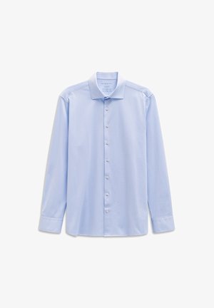 Light blue long-sleeve shirt made from soft fabric, featuring a classic collar, button front, and buttoned cuffs. Simple, uniform texture.