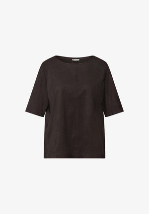 Zwart kort mouwen top van zachte, gestructureerde stof met een ronde halslijn en een subtiele naaddetail aan de voorkant.