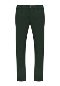 Chinos verde scuro, realizzati in un morbido mix di cotone, con chiusura a bottone, passanti per la cintura e un design a vestibilità slim con tasche frontali.
