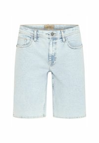 Ljusblå denimshorts med en klassisk femficksdesign, dragkedja och raka ben. Den slitna texturen ger visuellt intresse.