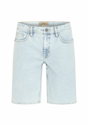 Svetlomodré denim šortky s klasickým pätkovým dizajnom, zipsom a rovným strihom nohavíc. Dôraz na opotrebovaný vzhľad pridáva vizuálny záujem.