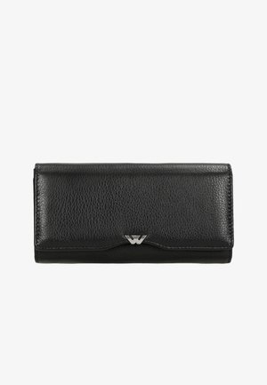 Black leather wallet with a textured finish, featuring a silver logo accent and a curved flap design.