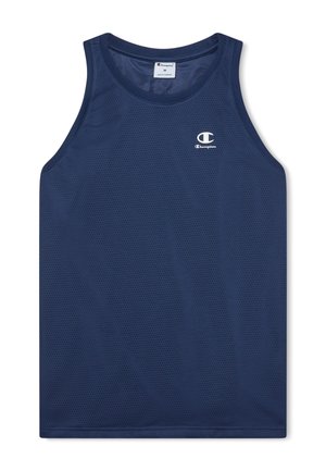 Granatowy sportowy bezrękawnik z siateczki z logo Champion na piersi i okrągłym dekoltem, rozmiar średni.