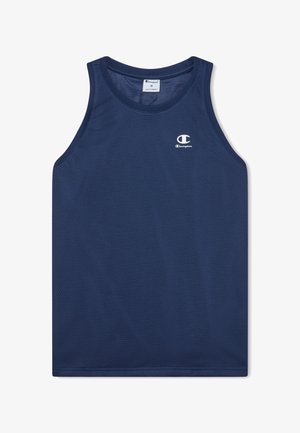 Granatowy sportowy bezrękawnik z siateczki z logo Champion na piersi i okrągłym dekoltem, rozmiar średni.