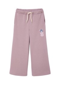Light purple sweatpants with an elastic waistband, drawstring, and embroidered Stitch character with letter "S" on the left thigh.
