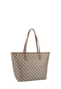 Brązowa torba tote w wzory z jasnobeżowymi akcentami. Posiada dwa brązowe uchwyty i przestronny design, idealna do codziennego użytku lub podróży.