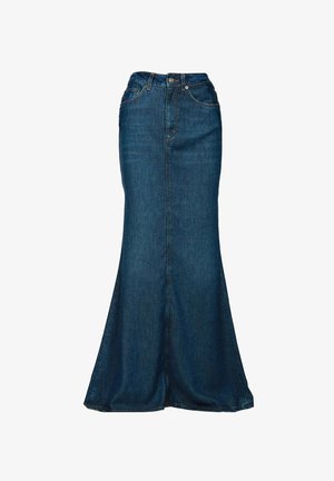 falda de mezclilla, azul oscuro, hasta los tobillos, diseño acampanado, cintura alta, estilo de cinco bolsillos con cierre frontal de botón y cremallera, costuras cosidas.