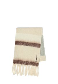 Wełniany szalik w kontrastowe pasy beżowego, brązowego i jasnozielonego koloru, wykończony frędzlami i małą metką marki.
