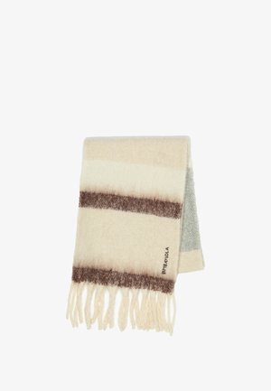 Bufanda de lana con franjas contrastantes en beige, marrón y verde claro, terminada con bordes flecos y una pequeña etiqueta de la marca.