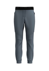 Grå atletiska joggers i stretchmaterial med svart midja och snörning, avsmalnande ben och sidofickor.