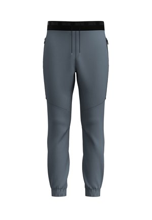 Grå atletiska joggers i stretchmaterial med svart midja och snörning, avsmalnande ben och sidofickor.