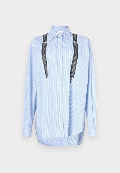Blue and white striped button-up shirt with a pointed collar, long sleeves, and attached black suspenders featuring vertical stripes.