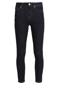 Mörkblå skinny jeans i denim, med hög midja, fem fickor och guldstickningar. Slät textur med en klassisk design.