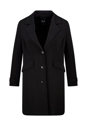 Manteau noir mi-long avec col à revers crantés, trois boutons, manches longues et deux poches avant à rabat, étiquette taille 40 à l'intérieur du col.