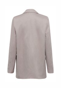 Hellgrauer Blazer mit strukturiertem Design, Reverskragen, einem Rückenschlitz und glattem Textil. 