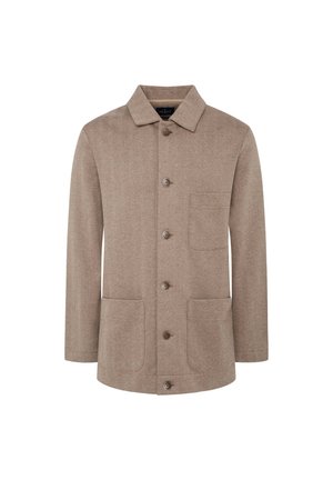 Smeđa jakna u riblju kost s ovratnikom, sedam gumba i dva prednja džepa. Napravljen od teksturirane tkanine, s opuštenim krojem i prilagođenim dizajnom.