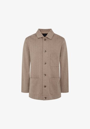Smeđa jakna u riblju kost s ovratnikom, sedam gumba i dva prednja džepa. Napravljen od teksturirane tkanine, s opuštenim krojem i prilagođenim dizajnom.