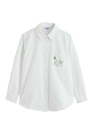 White long-sleeve button-up shirt with a collar, featuring a small Snoopy graphic drinking from a cup on the left chest pocket.