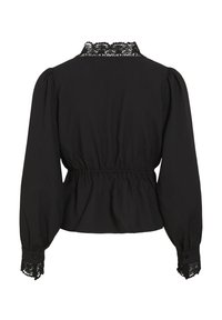 Blouse noire à manches longues avec bordure en dentelle sur le col montant et les poignets, taille froncée et manches bouffantes, vue de dos.